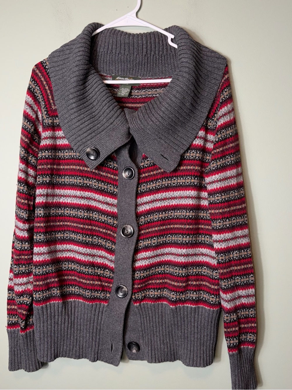 Eddie Bauer Women’s Fair Isle red and gray knit cardigan XXL Angora/Wool Blend